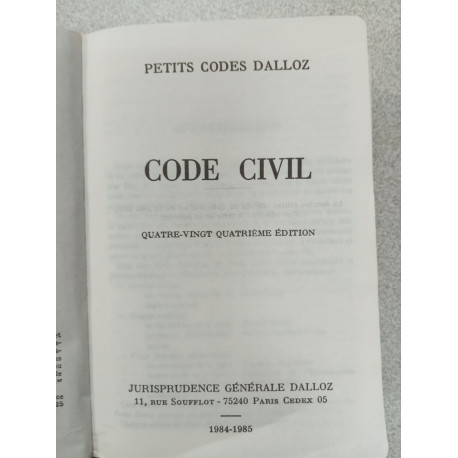 Petits Codes Dalloz Code Civil Quatre-Vingt Quatriéme Édition