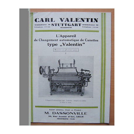 Pub CARL VALENTIN Appareil pour métiers à tisser