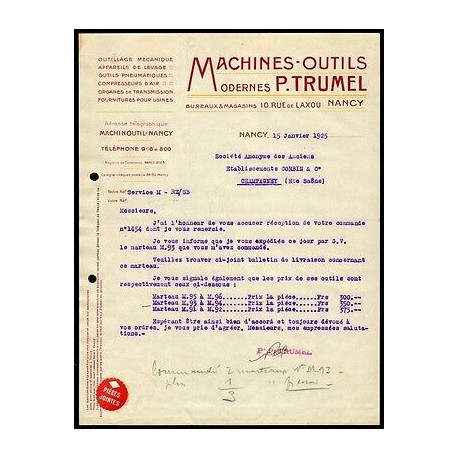 Facture p TRUMEL machines outils Modernes à Nancy Outillage Mécanique