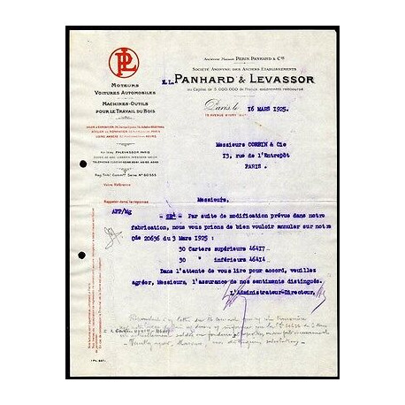 Facture PANHARD et LEVASSOR Moteurs Voitures Automobiles Machines...
