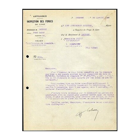 Facture Inspection des Forges de Lyon Artillerie détachement de...