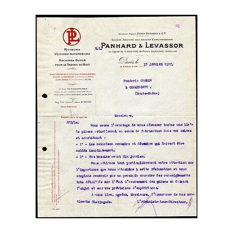 Facture PANHARD et LEVASSOR Moteurs Voitures Automobiles Machines...