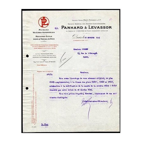 Facture PANHARD et LEVASSOR Moteurs Voitures Automobiles Machines...