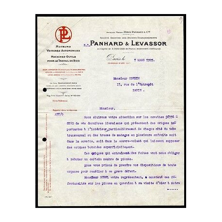 Facture PANHARD et LEVASSOR Moteurs Voitures Automobiles Machines...