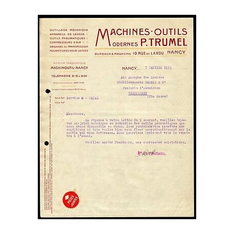 Facture p TRUMEL machines outils Modernes à Nancy Outillage Mécanique