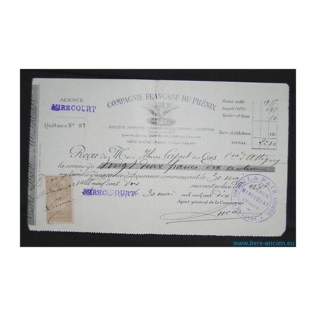 Lettre de Change COMPAGNIE FRANCAISE DU PHENIX Quittance Paris...