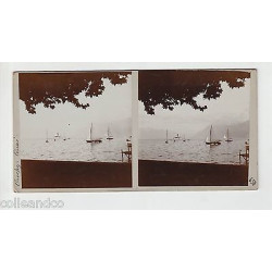 Vue Stéréoscopique Stéréo LAUSANNE OUCHY Bord lac léman fleurs bateaux