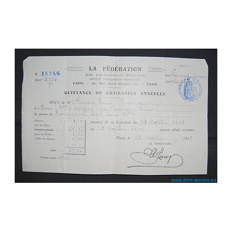 Quittance de cotisation annuelle LA FEDERATION DES AGRICULTEURS...