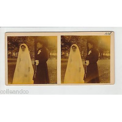 Vue Stéréoscopique Stéréo STRASBOURG Mariée dans Parc à côté Gare...