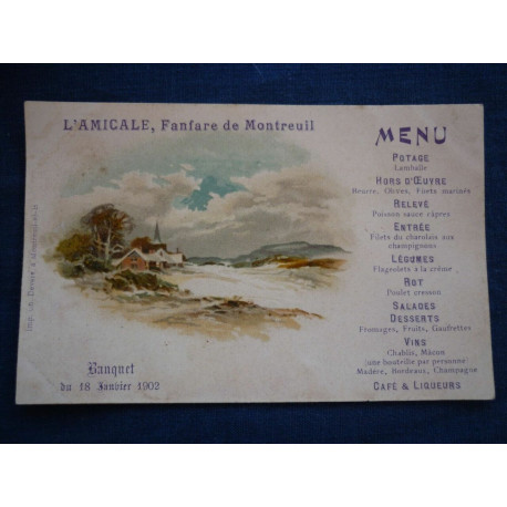 CPA L'Amicale Fanfare de Montreuil Banquet du 18 Janvier 1902 menu...