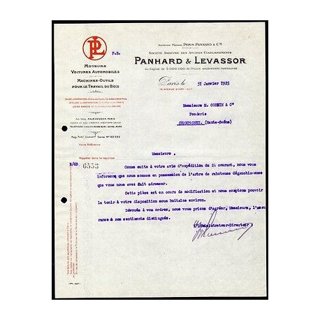 Facture PANHARD et LEVASSOR Moteurs Voitures Automobiles Machines...