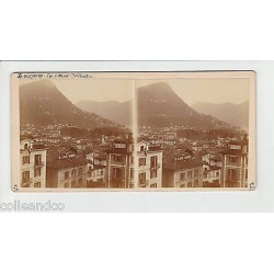 Vue Stéréoscopique Stéréo SUISSE LUGANO Vue Hôtel de la Gare ROME...