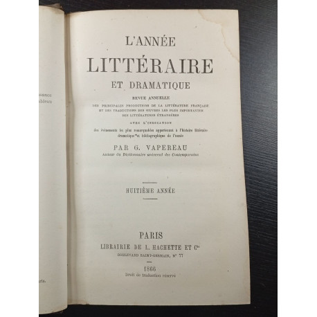 L'annee litteraire et dramatique Huitième Année