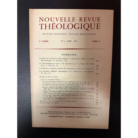 Nouvelle revue théologique 97e année n°4 tome 87