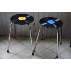 Tabouret vintage assise vinyle-33 tours laqué