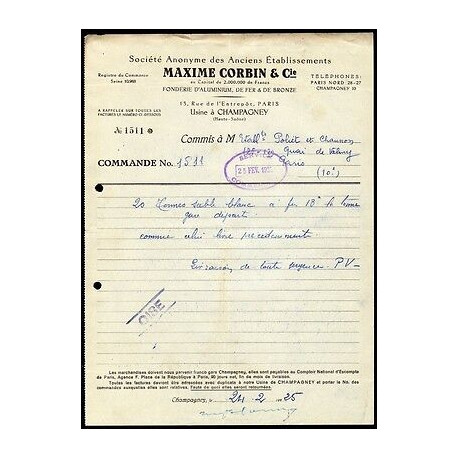 Facture Anciens Etablissements MAXIME CORBIN Cie Fonderie à Champagney