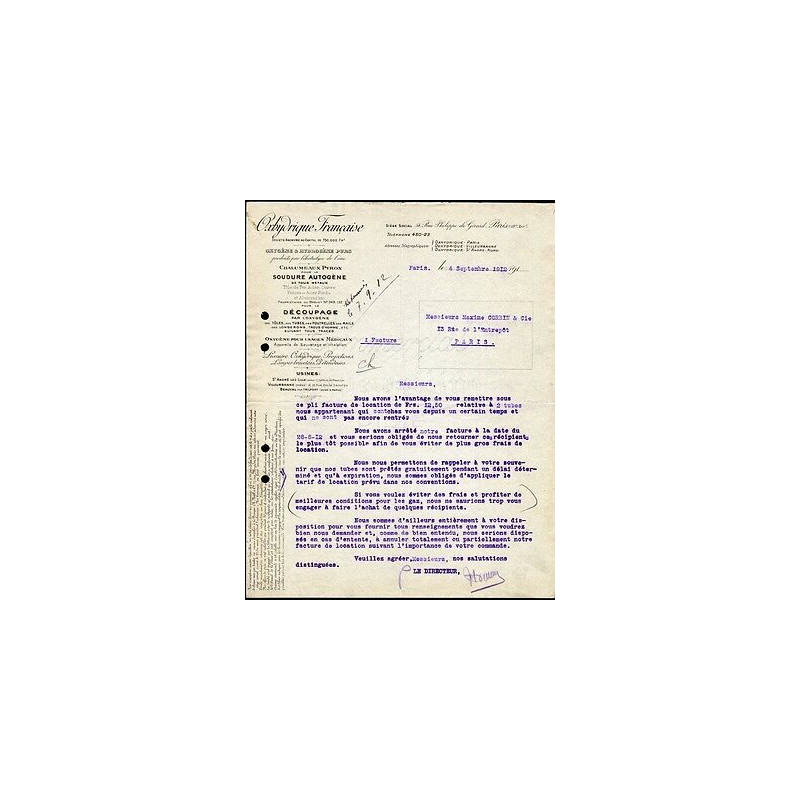 Facture OXHYDRIQUE FRANCAISE Oxygéne et Hydrogéne Purs Chalumeaux...