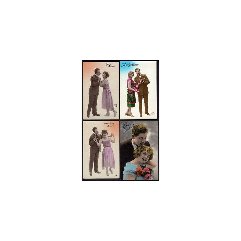 Lot de 4 CPA fantaisies BONNE ANNEE HEUREUSE ANNEE en couleurs