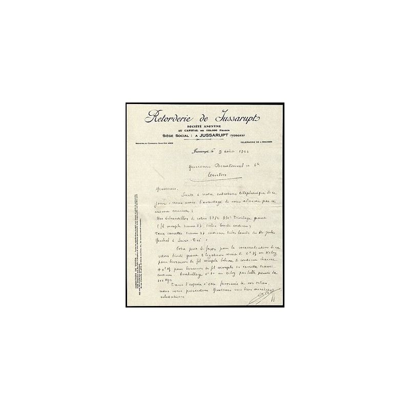 Facture Retorderie de Jussarupt dans les Vosges 88 filature