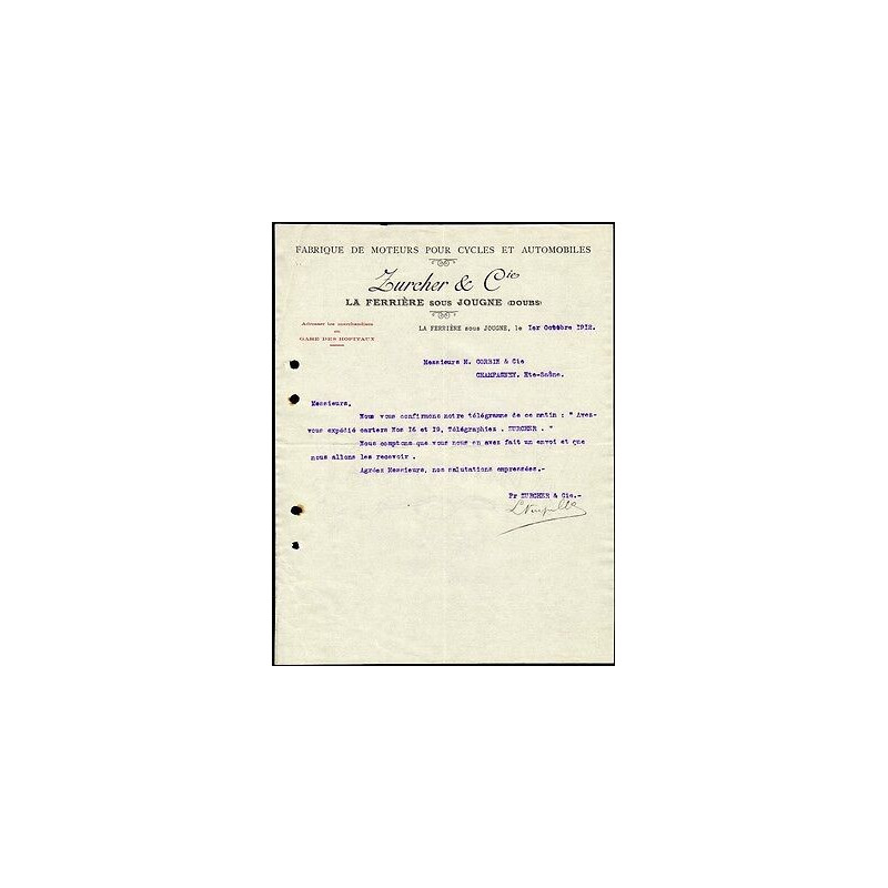 Facture ZURCHER Cie Fabrique moteurs pour Cycles et Automobiles Doubs