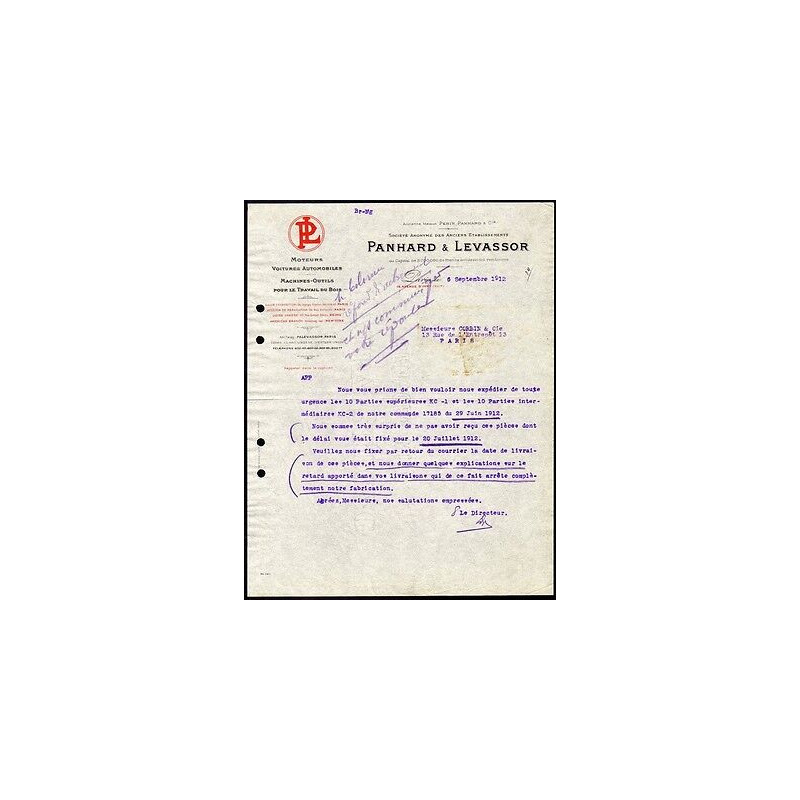 Facture PANHARD et LEVASSOR Moteurs Voitures Automobiles Machines...