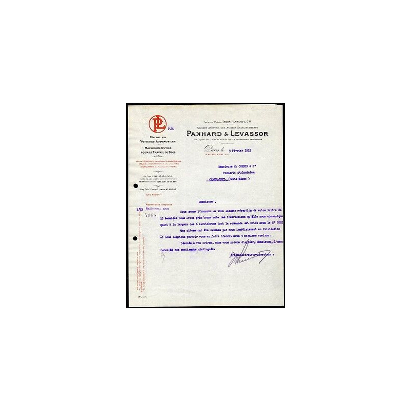 Facture PANHARD et LEVASSOR Moteurs Voitures Automobiles Machines...