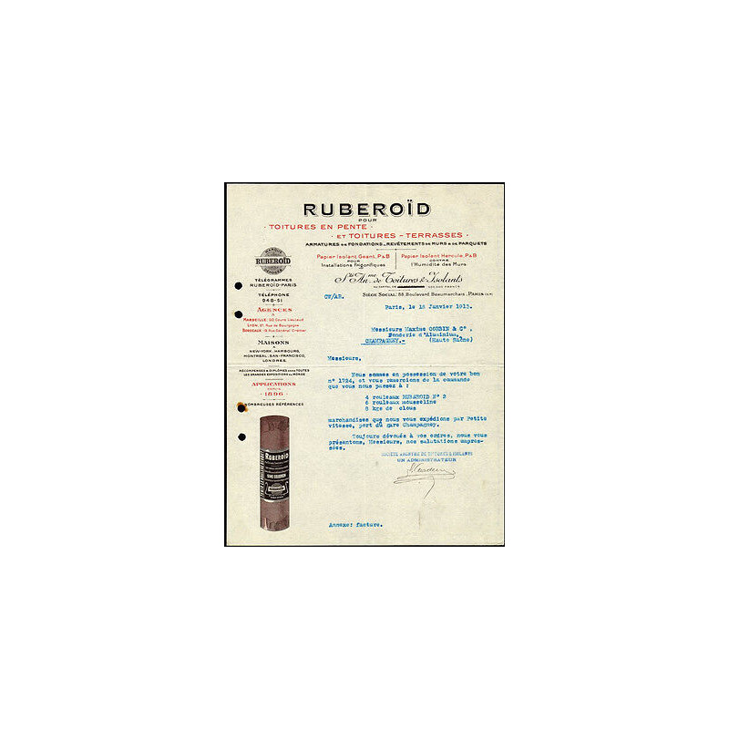 Ancienne Facture ruberoïd isolant pour toitures et terrases