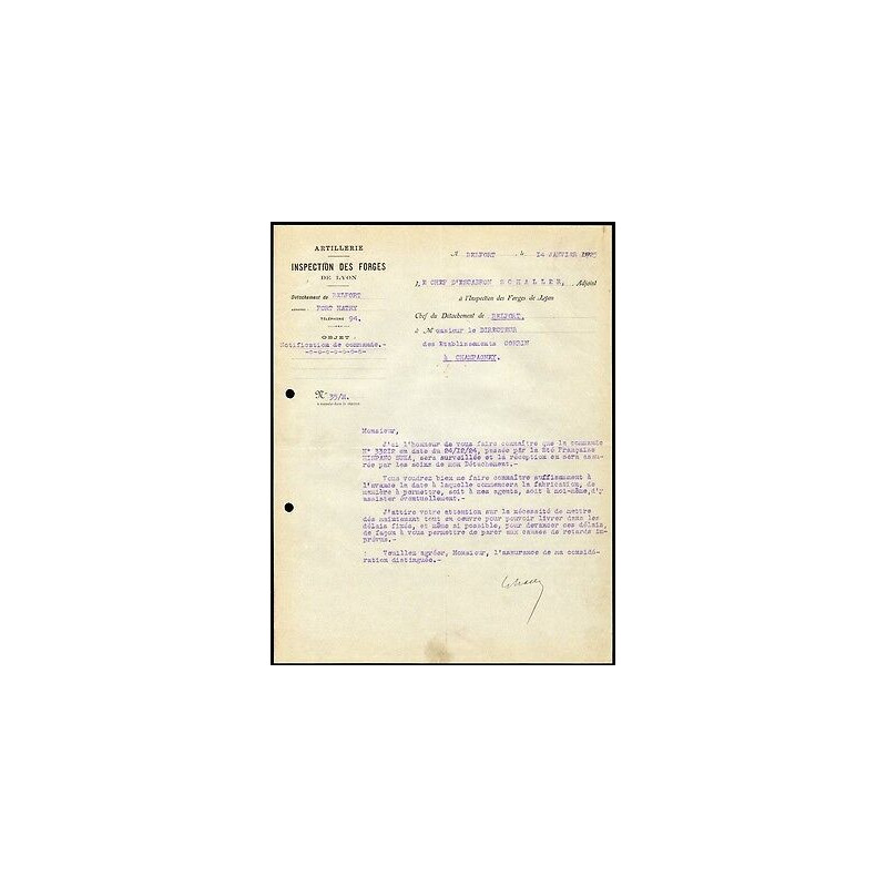 Facture Inspection des Forges de Lyon Artillerie détachement de...