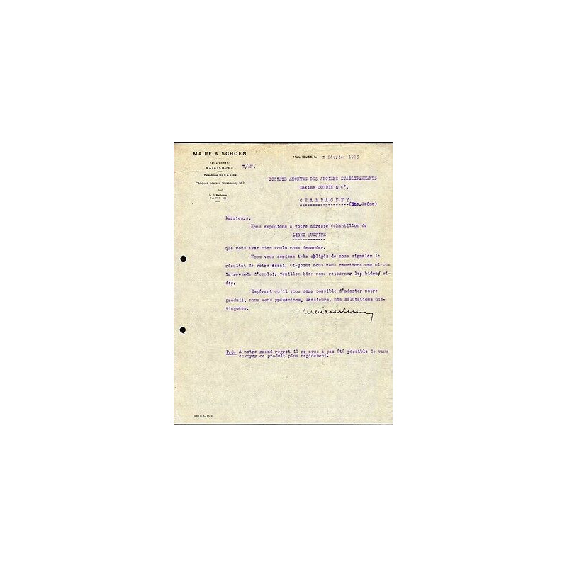 Facture 1925 MAIRE SCHOEN à Mulhouse
