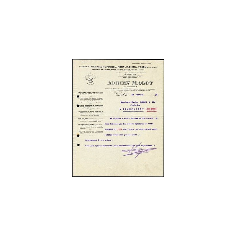 Facture Adrien MAGOT à Vesoul Usines Métallurgiques de pont archer...