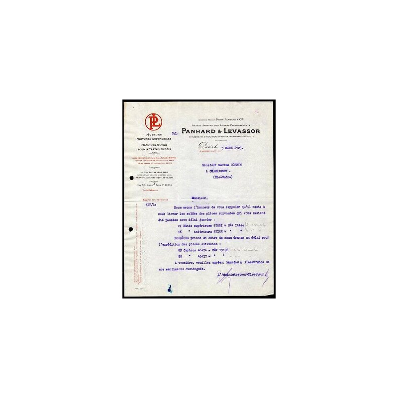 Facture PANHARD et LEVASSOR Moteurs Voitures Automobiles Machines...