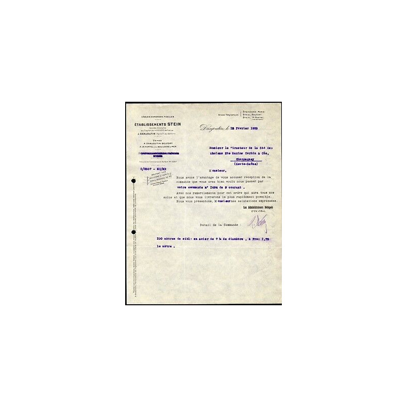Facture éts STEIN à Danjoutin territoire de belfort Câbles Cordages