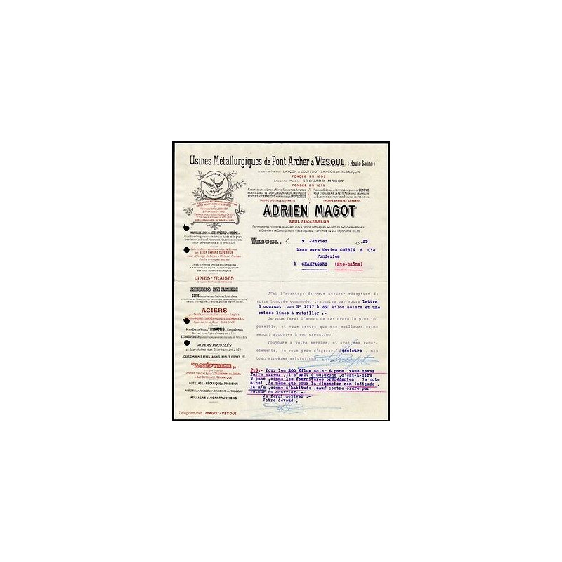 Facture Adrien MAGOT à Vesoul Usines Métallurgiques de pont archer