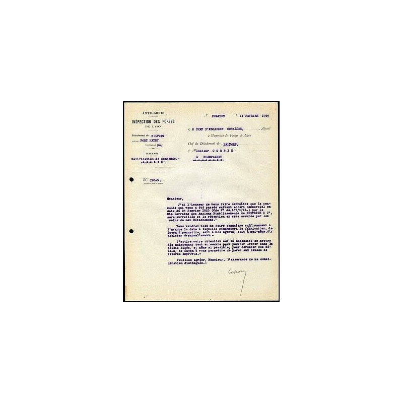 Facture Inspection des Forges de Lyon Artillerie détachement de...