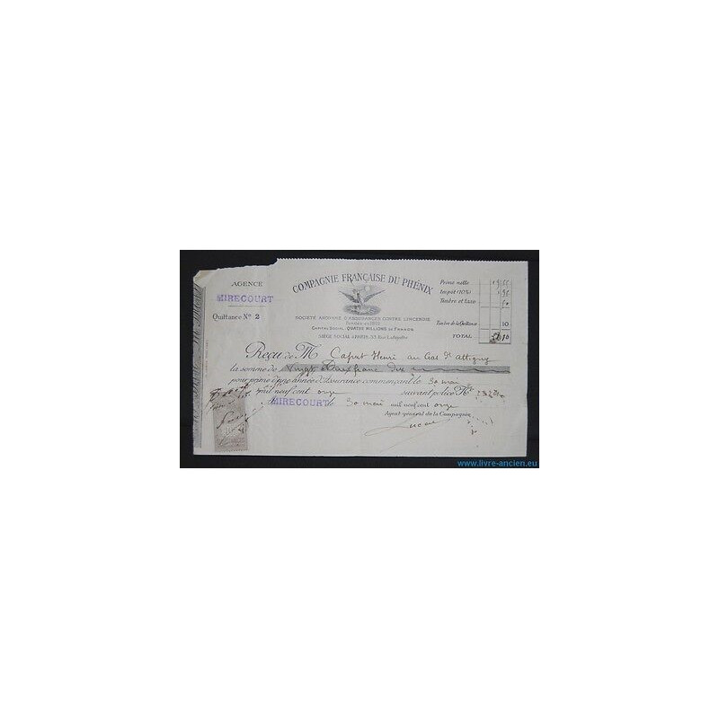 Lettre de Change COMPAGNIE FRANCAISE DU PHENIX Quittance Agence...
