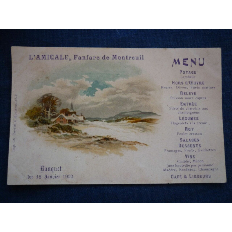 CPA L'Amicale Fanfare de Montreuil Banquet du 18 Janvier 1902 menu...