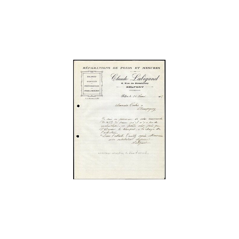 Facture Claude Labigand à Belfort Réparations de Poids et Mesures