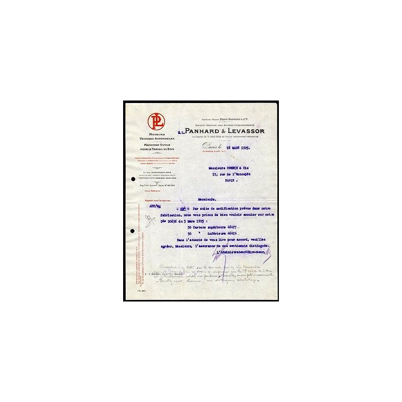 Facture PANHARD et LEVASSOR Moteurs Voitures Automobiles Machines...
