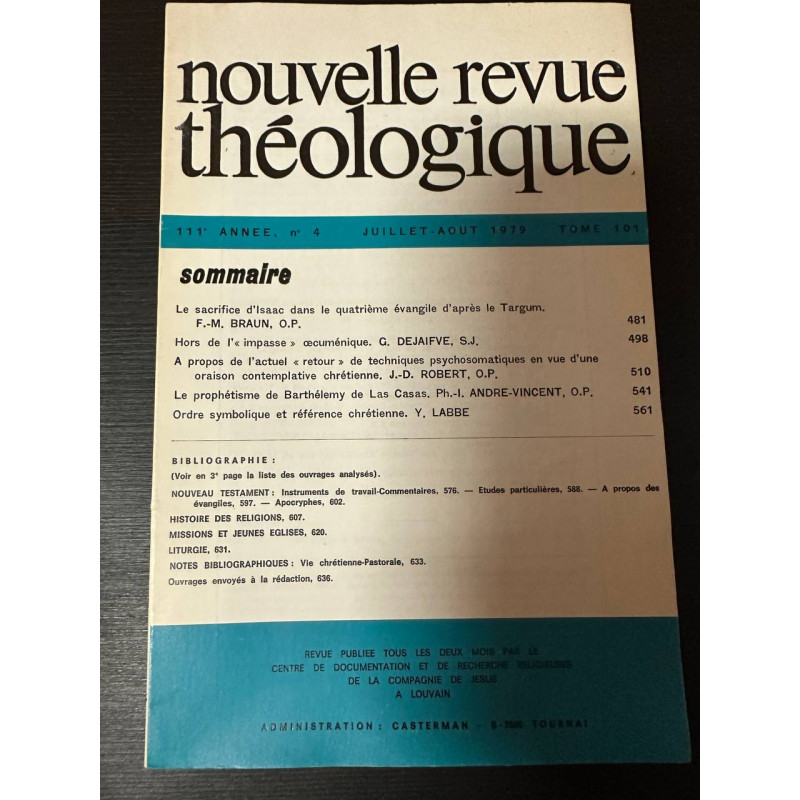 Nouvelle revue théologique 111e annee n°4 tome 101