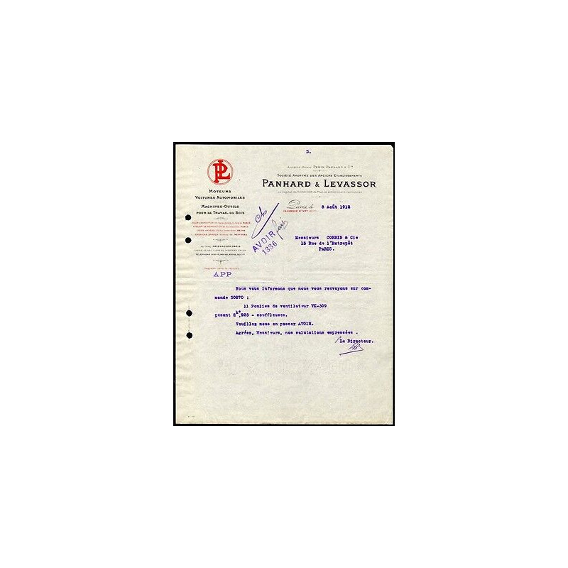 Facture PANHARD et LEVASSOR Moteurs Voitures Automobiles Machines...