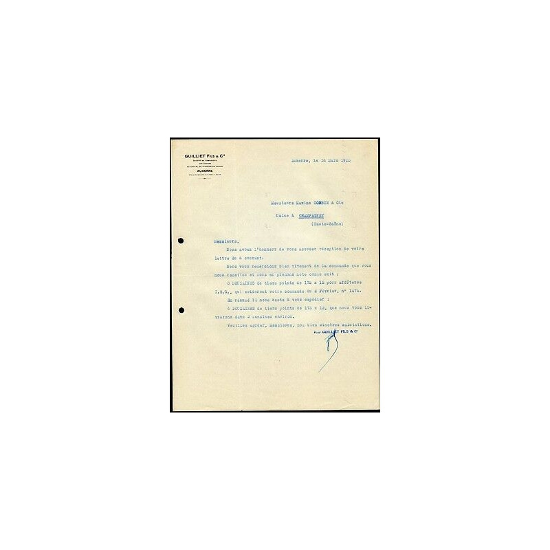 Facture Guilliet Fils Cie à Auxerre dép 89 Yonne