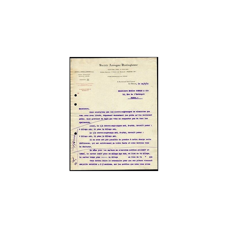 Facture Société Anonyme Westinghouse Usines au Havre et à Sevran