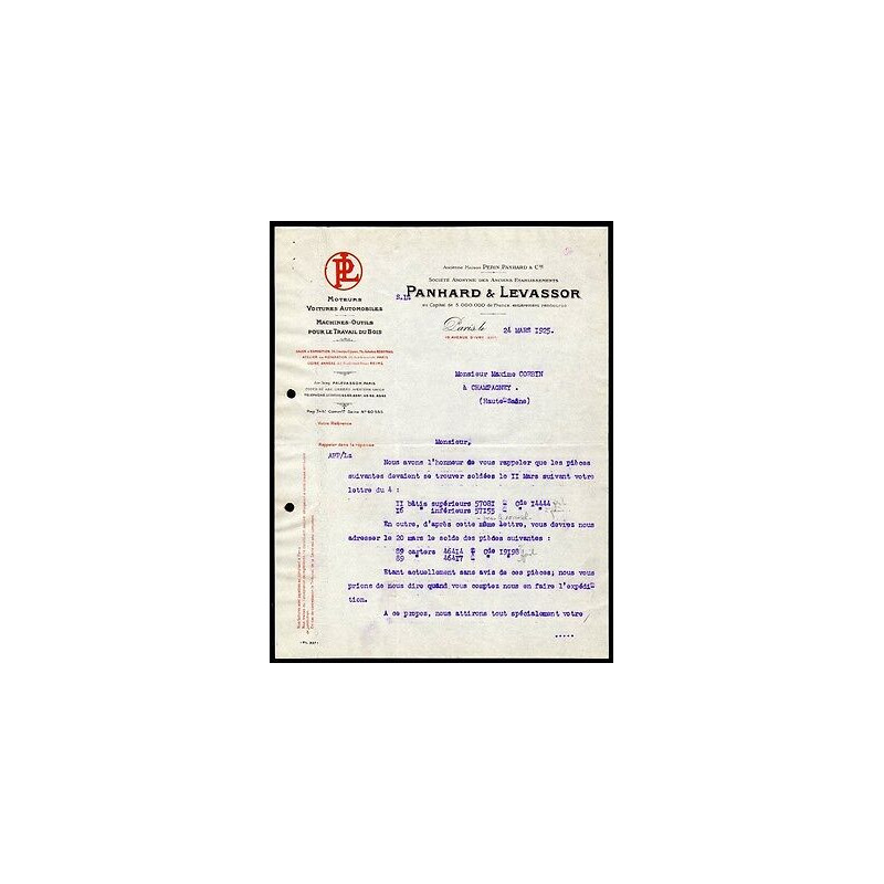Facture PANHARD et LEVASSOR Moteurs Voitures Automobiles Machines...