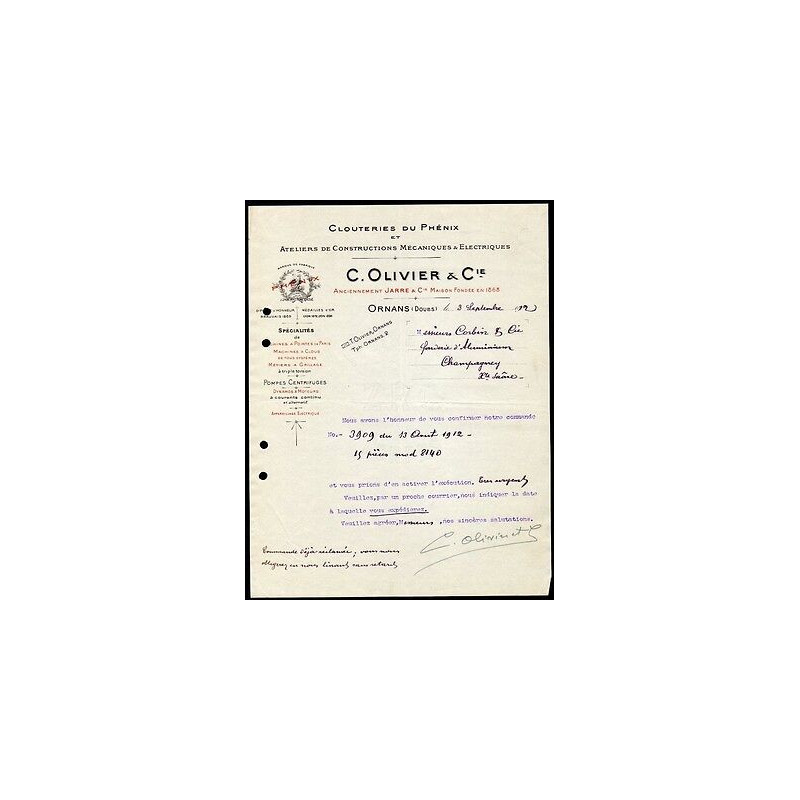 Facture c OLIVIER et Cie Clouteries du Phénix à Ornans Doubs Clous