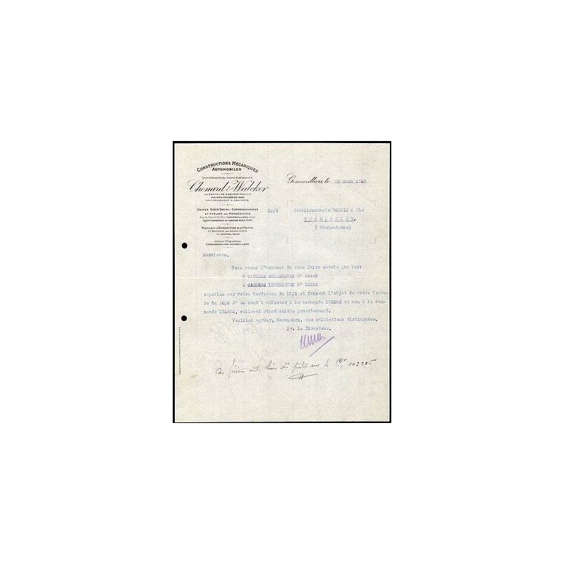 Facture CHENARD WALCKER Constructions Automobiles à Gennevilliers