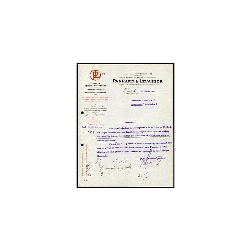 Facture PANHARD et LEVASSOR Moteurs Voitures Automobiles Machines...