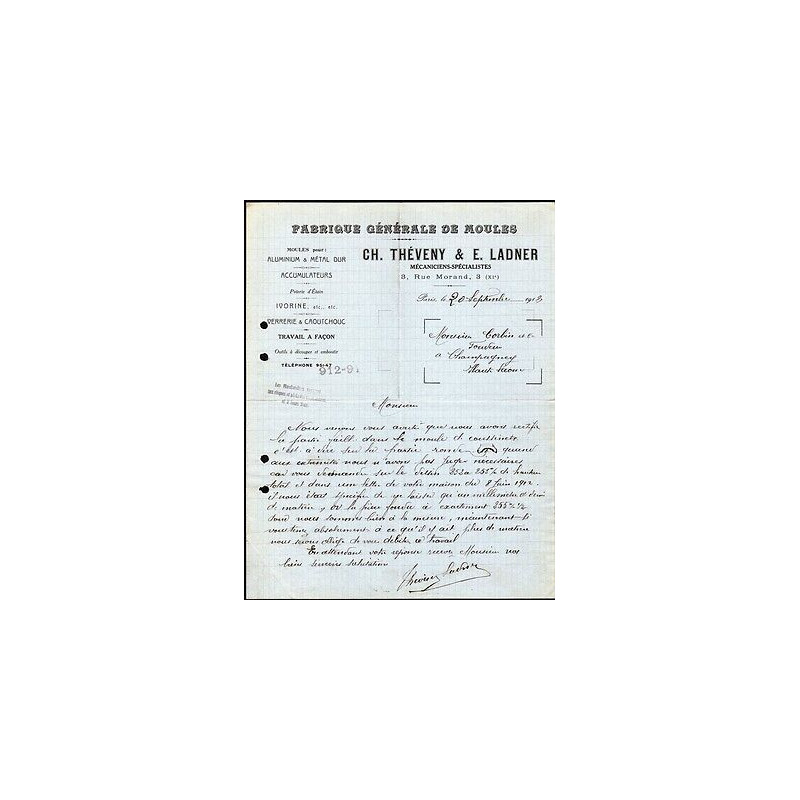 Facture ch Théveny e Ladner Fabrique Générale de Moules à Paris