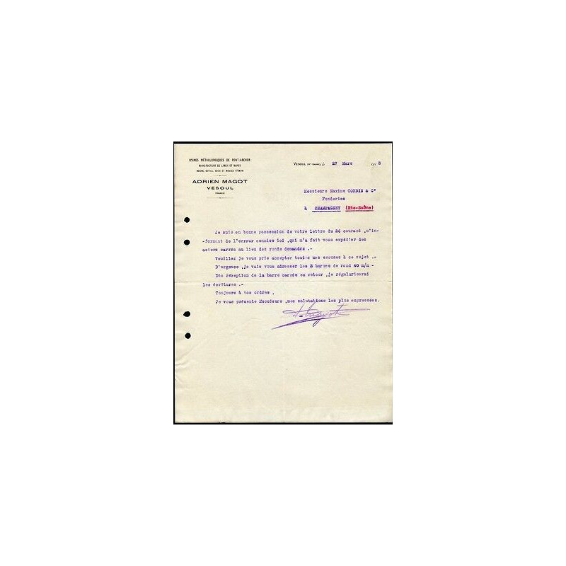 Facture Adrien MAGOT à Vesoul Usines Métallurgiques de pont archer
