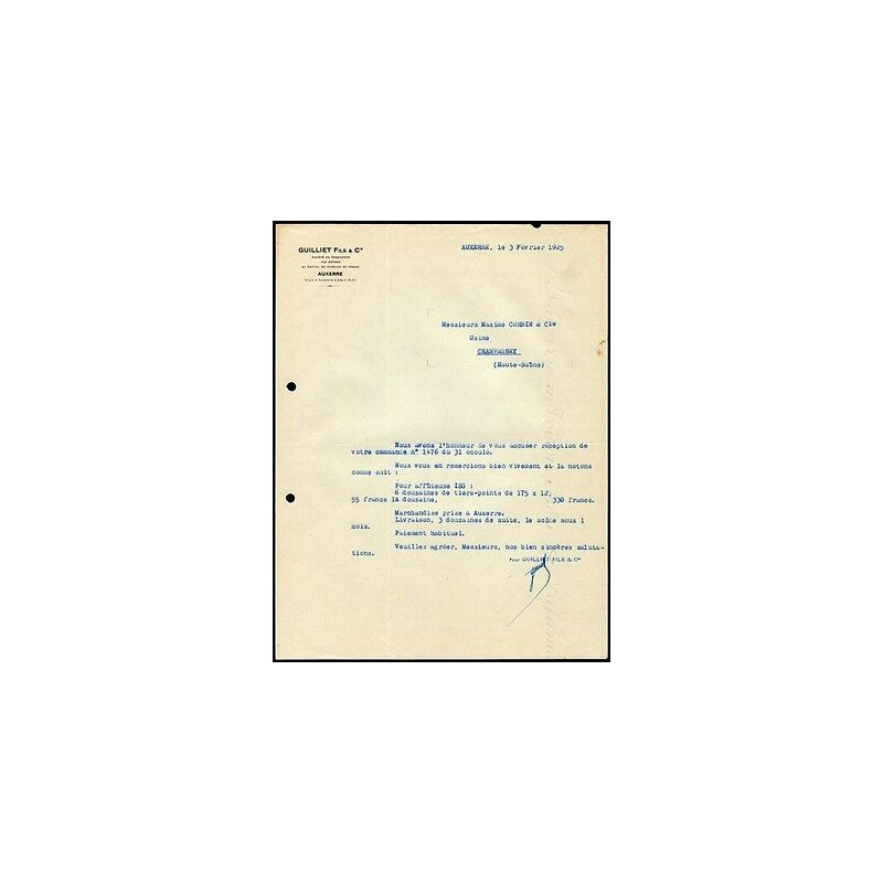 Facture Guilliet Fils Cie à Auxerre dép 89 Yonne