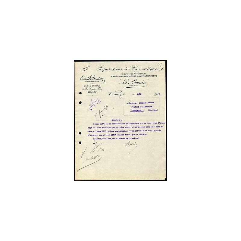 Facture Emile Boutmy à Nancy Réparations de Pneumatiques LE LORRAIN